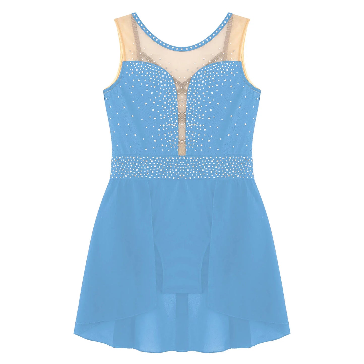 Rhinestone Gymnastics Figure Skating Dress for Teen Girls Sleeveless Sheer Mesh Tutu Ballet Leotard Lyrical Performance Costume