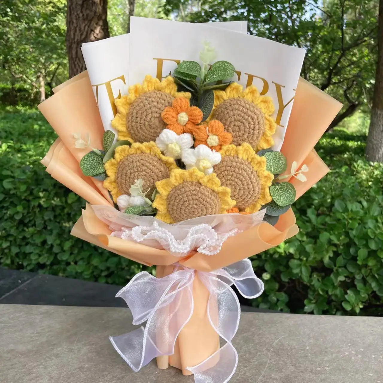 Plush Rose Sunflowers Tulip Carnations Knitted Crochet Flower Bouquet