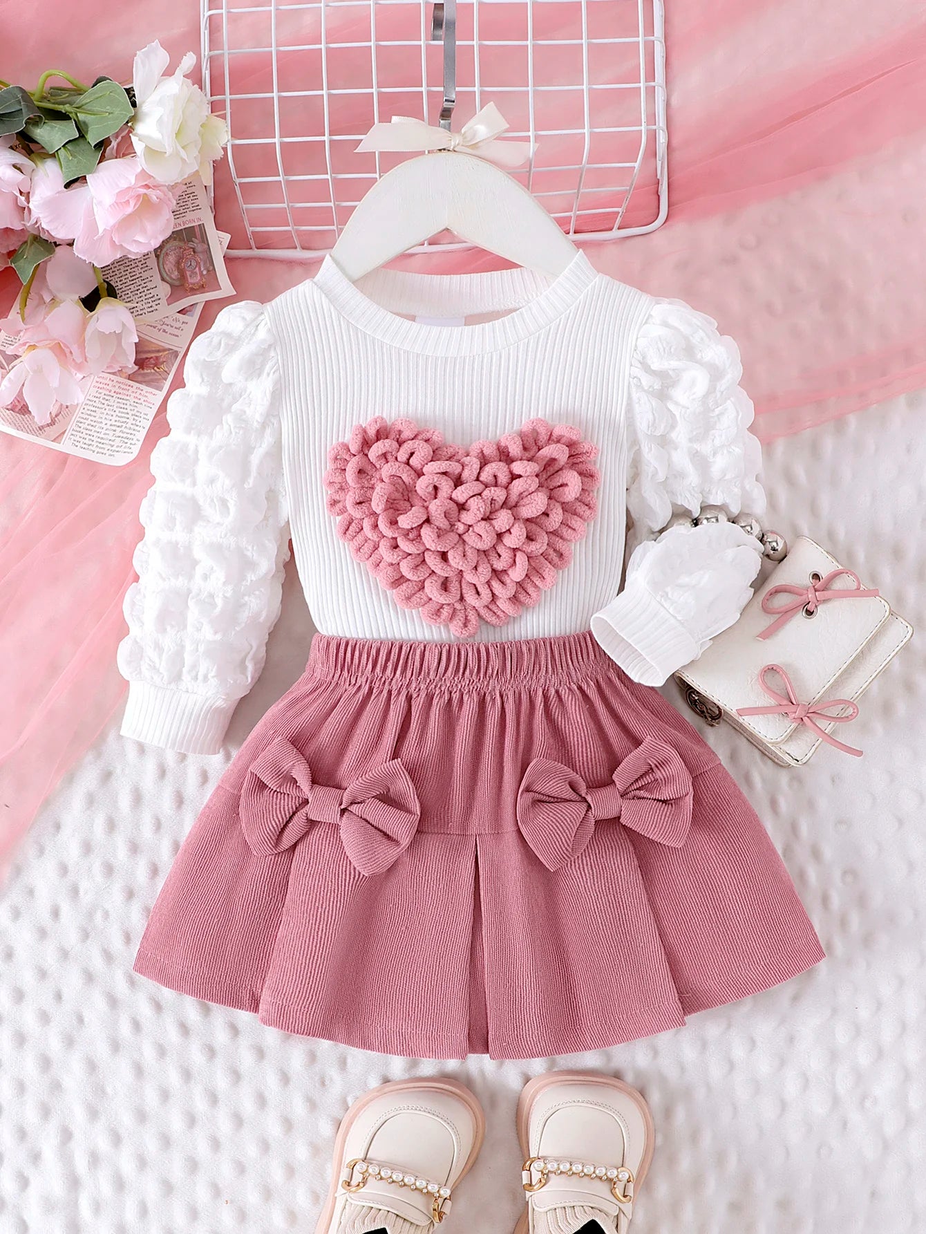 Baby/Toddler Girls Bubble Sleeve Heart Top + Pink Short Skirt Set (Age 6M-3 YRS)