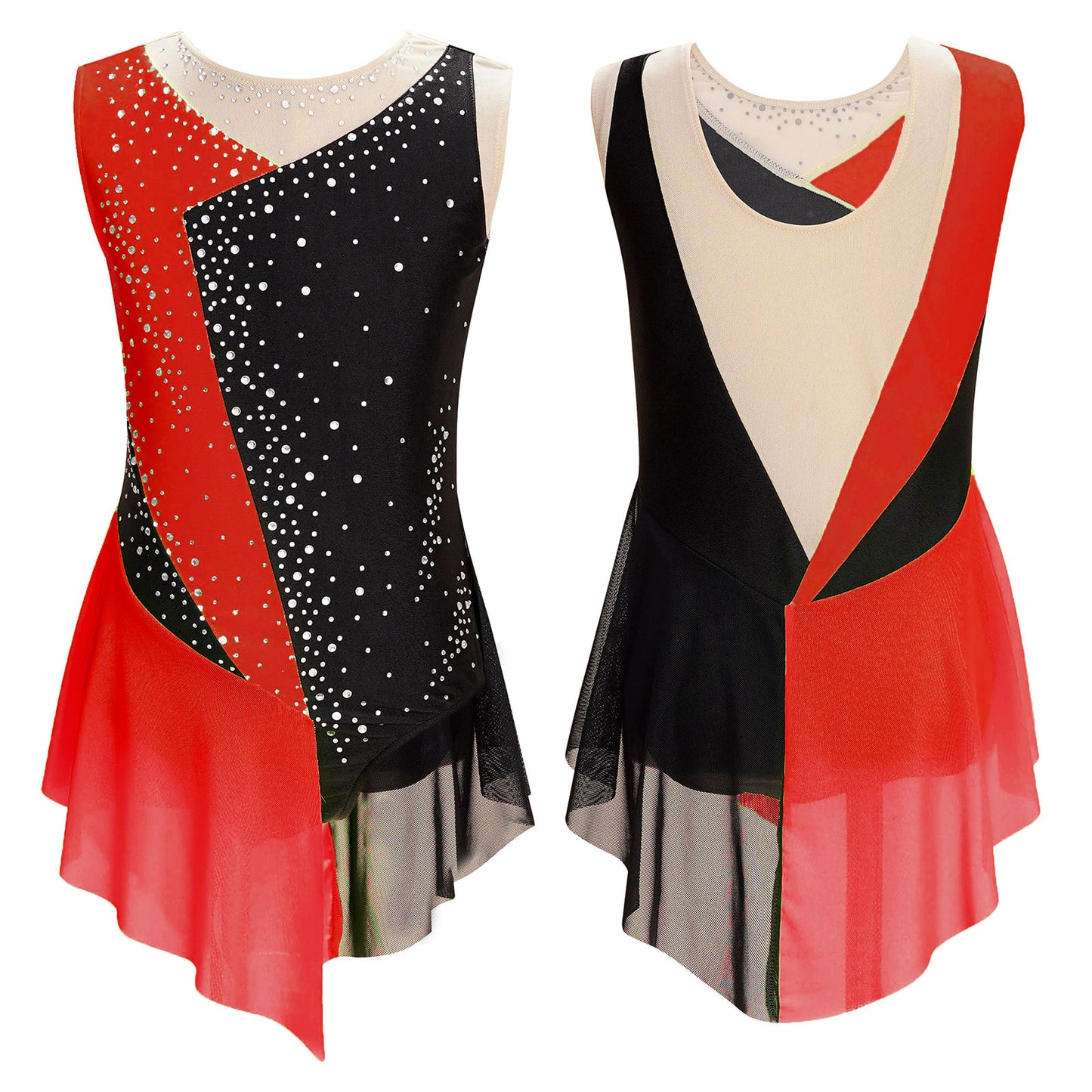 Rhinestone Gymnastics Figure Skating Dress for Teen Girls Sleeveless Sheer Mesh Tutu Ballet Leotard Lyrical Performance Costume