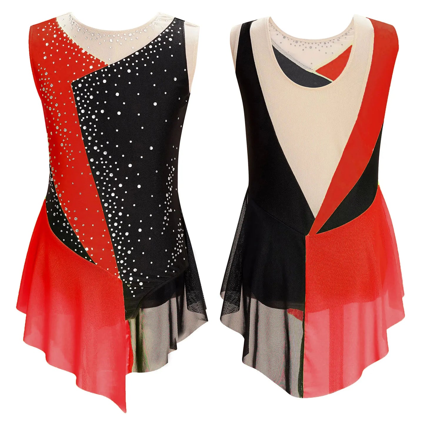 Rhinestone Gymnastics Figure Skating Dress for Teen Girls Sleeveless Sheer Mesh Tutu Ballet Leotard Lyrical Performance Costume Red