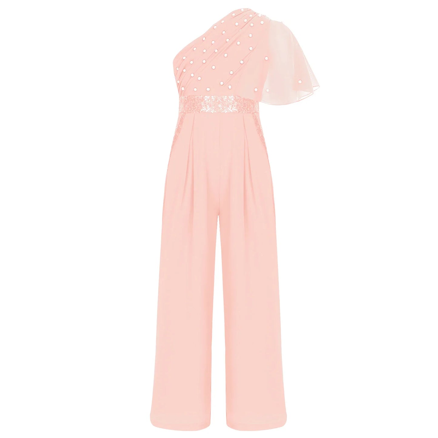 Girls One Shoulder PearlSequin Ruffled Wide Leg Jumpsuit (Age 6-14YRS)