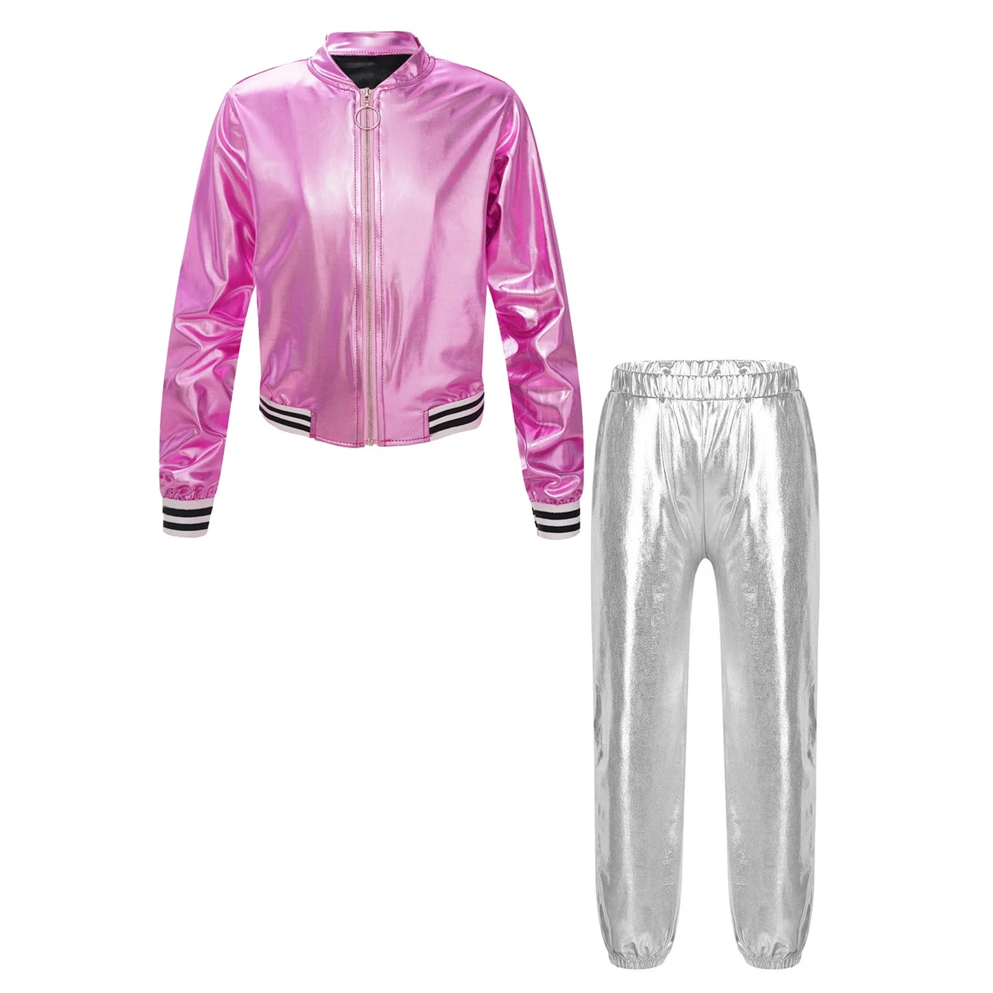 Girls Metallic Long Sleeves Bomber Jacket Coat & Pants Set (Age 6-16YRS)