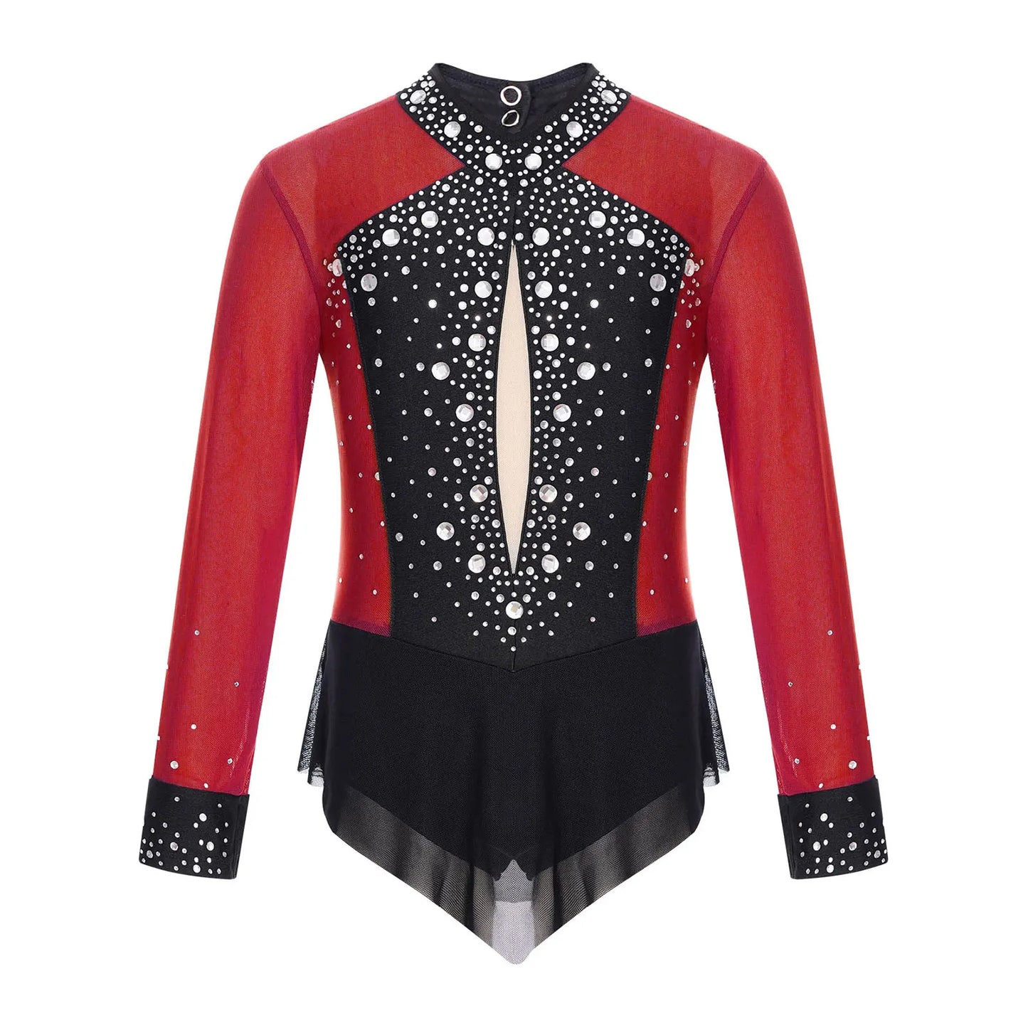 Girls Dance Gymnastics Costume Rhinestones Sheer Mesh Leotard (Age 6-16YRS) Burgundy