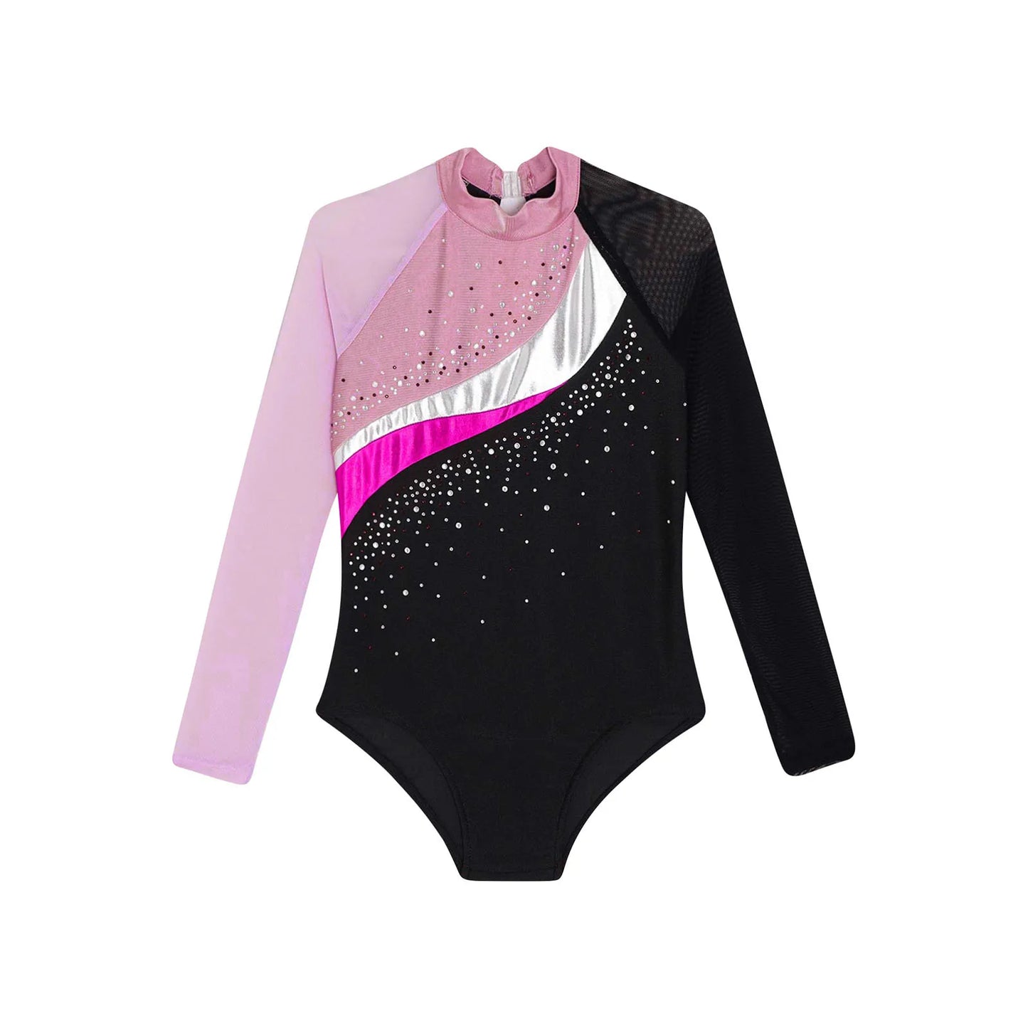 Girls Ballet Dance Leotard Gymnastics Rhinestones Sheer Mesh Long Sleeve (Age 4-16 YRS)