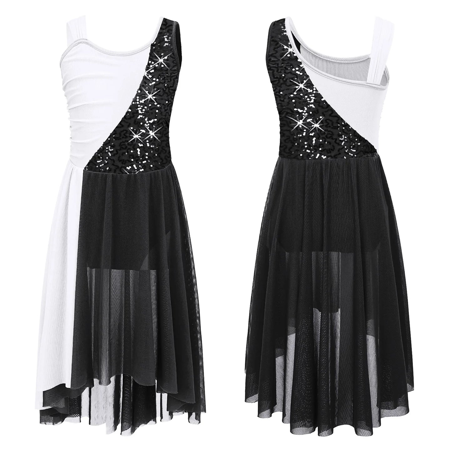 Girls Dance Sleeveless Color Block m Leotard Dress (Age 6-16YRS) Black