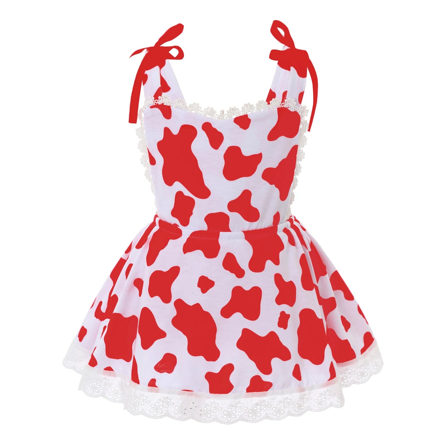 Girls Cow Print Sleeveless Lace Trim Dress (Age 12M-6 YRS)