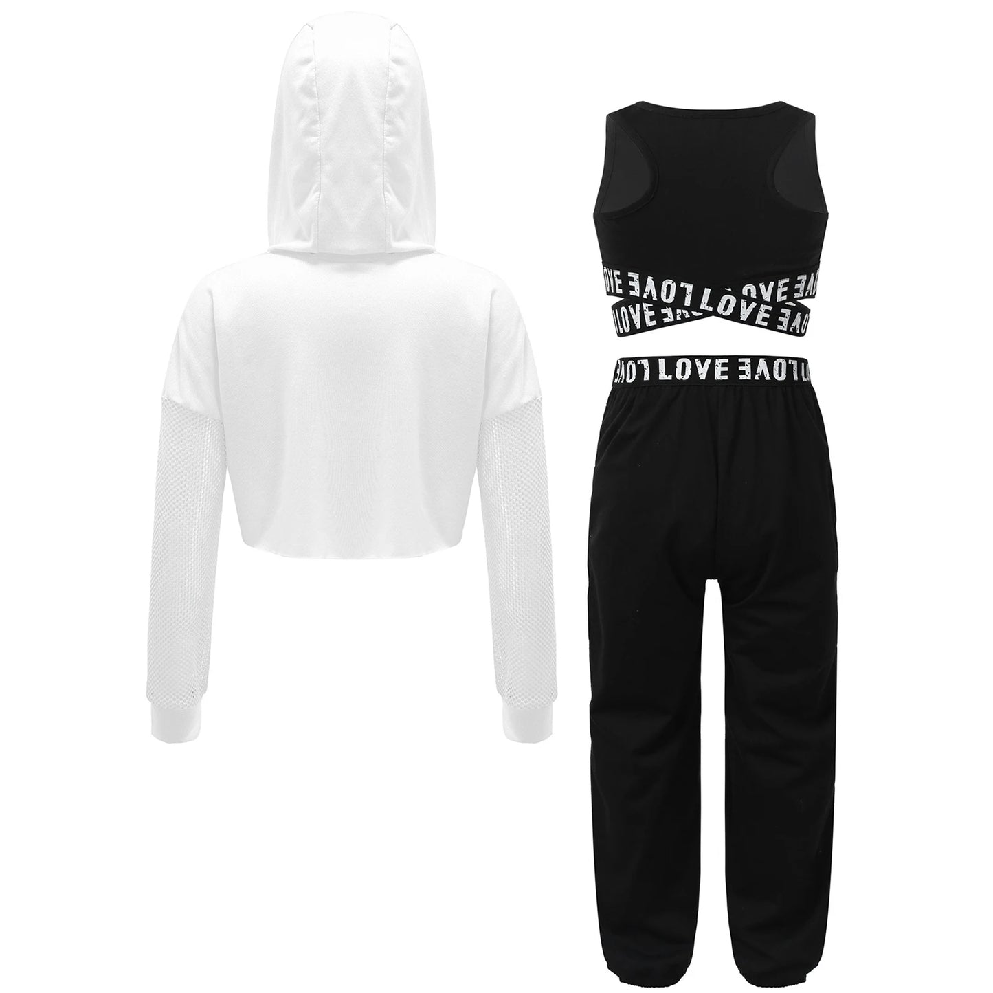 Girls Hip Hop Long Sleeve Drawstring Hooded Tops with Crop Top Pants Tracksuit (Age 6-14YRS)