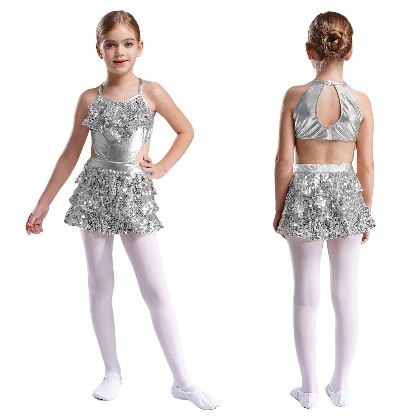 Girls Sequin Dance Sleeveless Cutout Tiered Ruffle Metallic Leotard Dress (Age 6-16 YRS) Silver