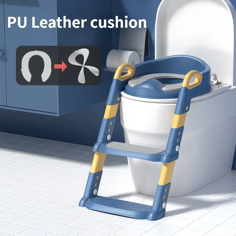 Children's Toilet Seat Stairs Baby Boys and Girls Toilet Folding Stand Step Stool Blue and PU mat