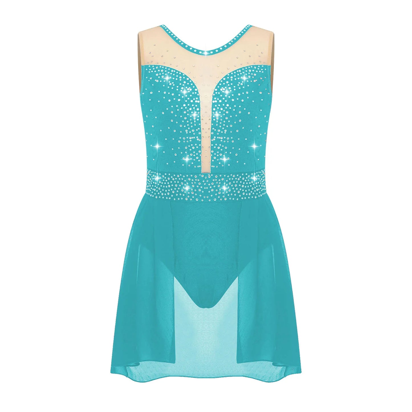 Rhinestone Gymnastics Figure Skating Dress for Teen Girls Sleeveless Sheer Mesh Tutu Ballet Leotard Lyrical Performance Costume