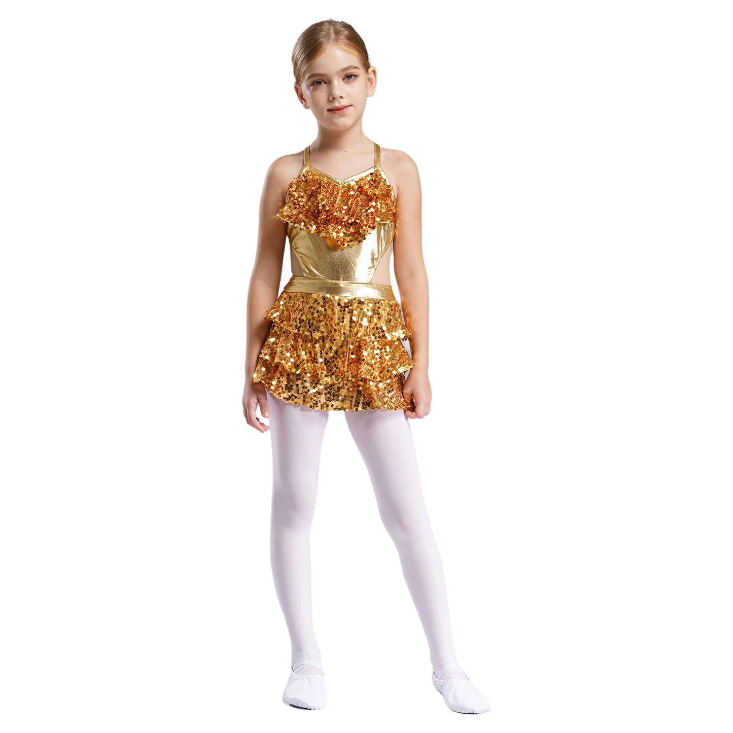 Girls Sequin Dance Sleeveless Cutout Tiered Ruffle Metallic Leotard Dress (Age 6-16 YRS)