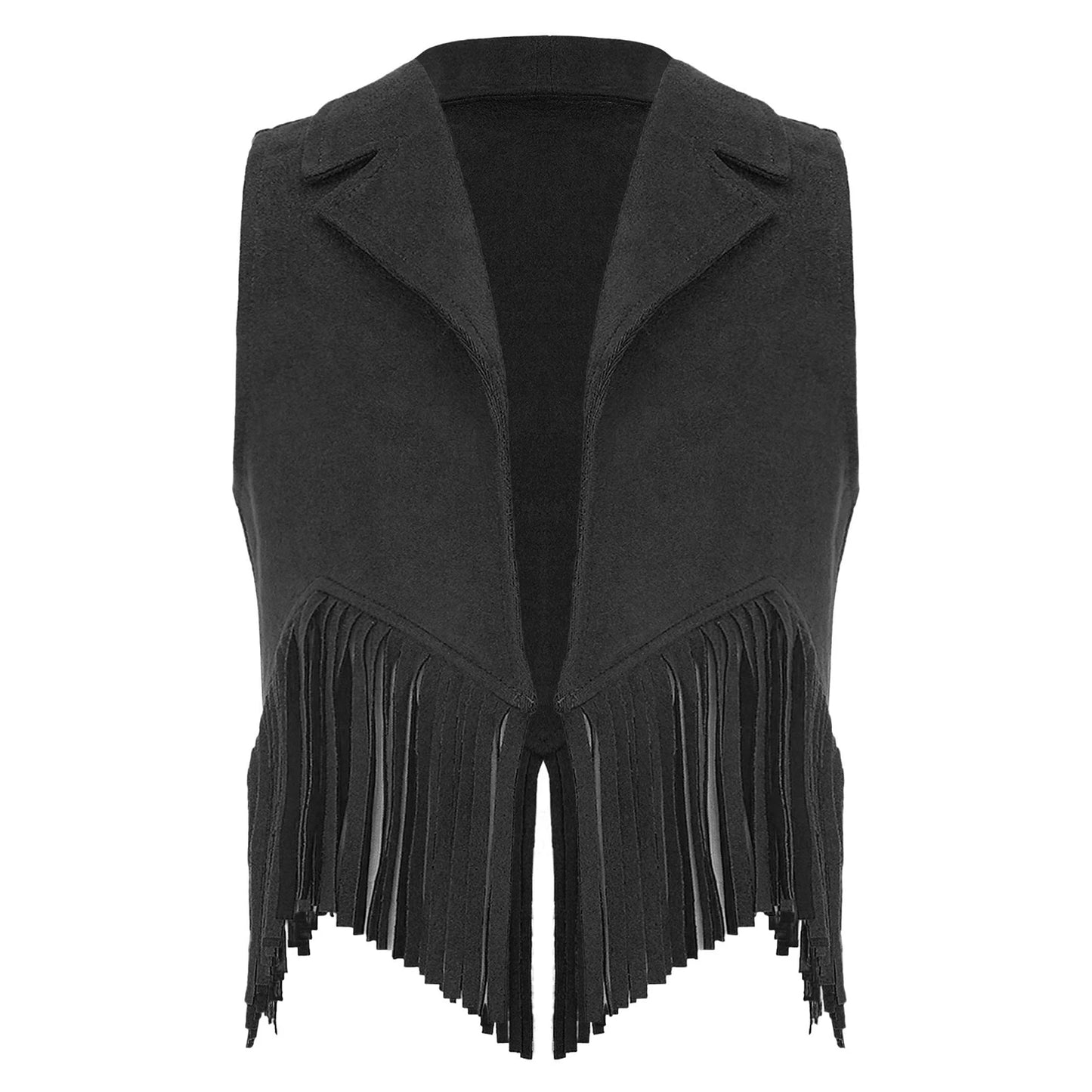 Girls Western Cowboy Suede Open Front Tassels Waistcoat (Age 6-16YRS) Black