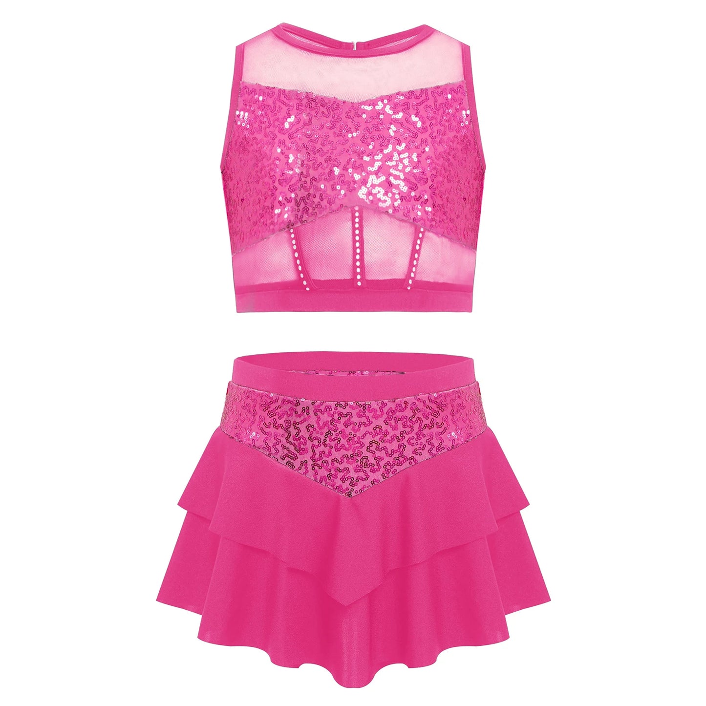 Girls Sequin Sheer Mesh Crop Top & Tiered Skirt Set (Age 6-16YRS)