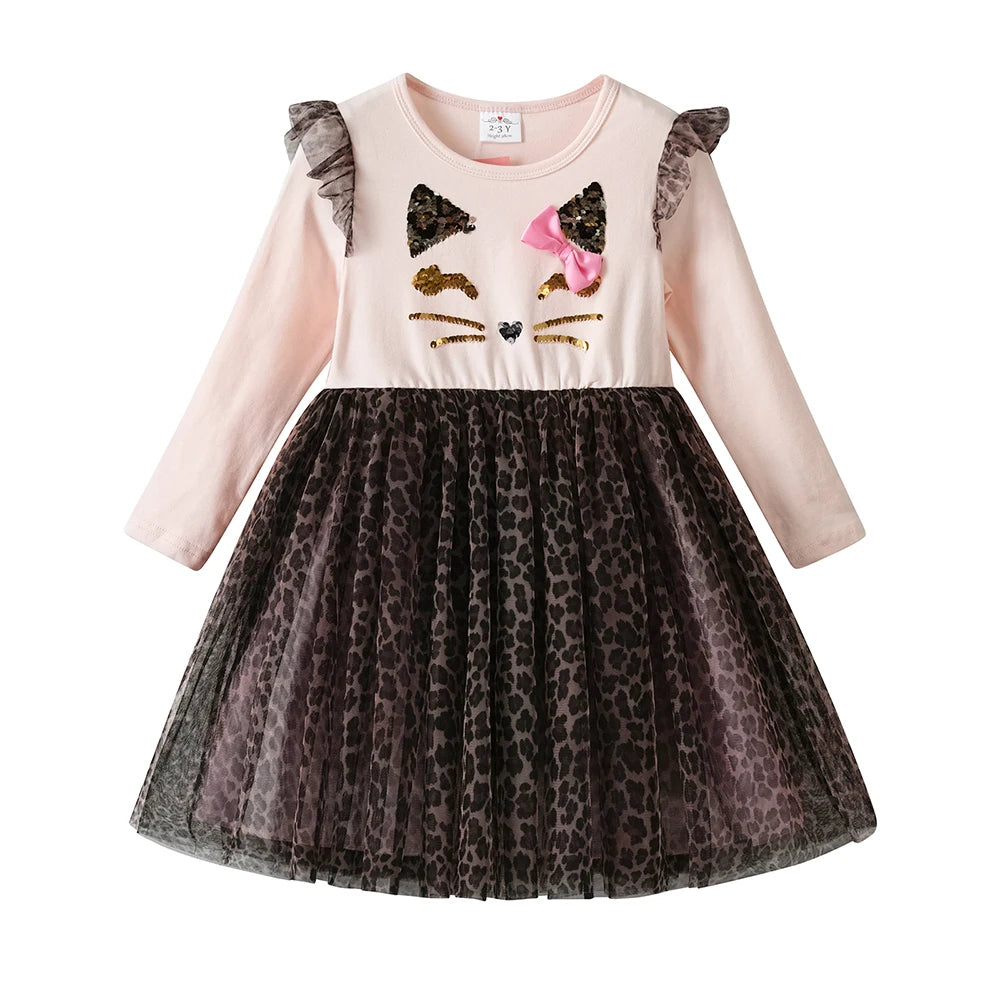 Girls Cat Leopard Print Tulle Dress (Age 3-8YRS)