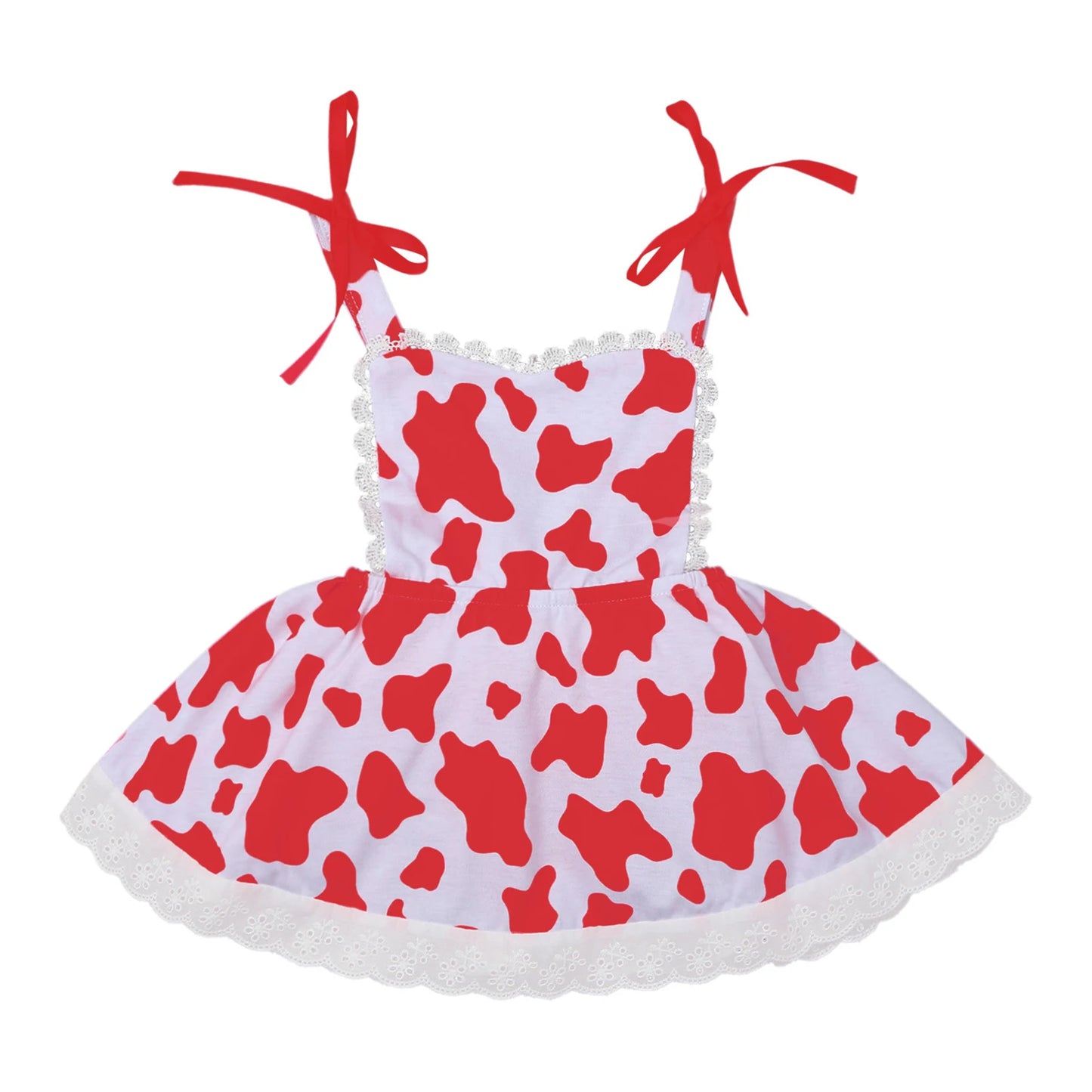 Girls Cow Print Sleeveless Lace Trim Dress (Age 12M-6 YRS)