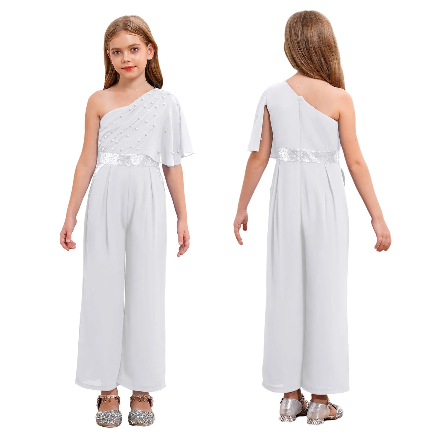 Girls One Shoulder PearlSequin Ruffled Wide Leg Jumpsuit (Age 6-14YRS) White