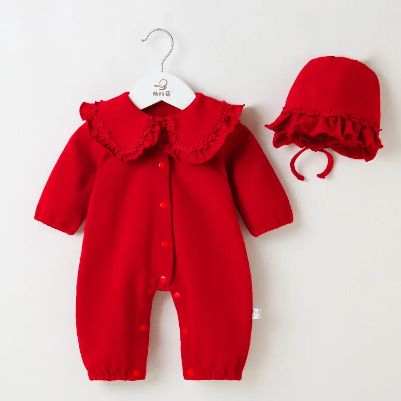 Baby Girl Jumpsuit & Hat Set (Age 3M-12M) Brick Red