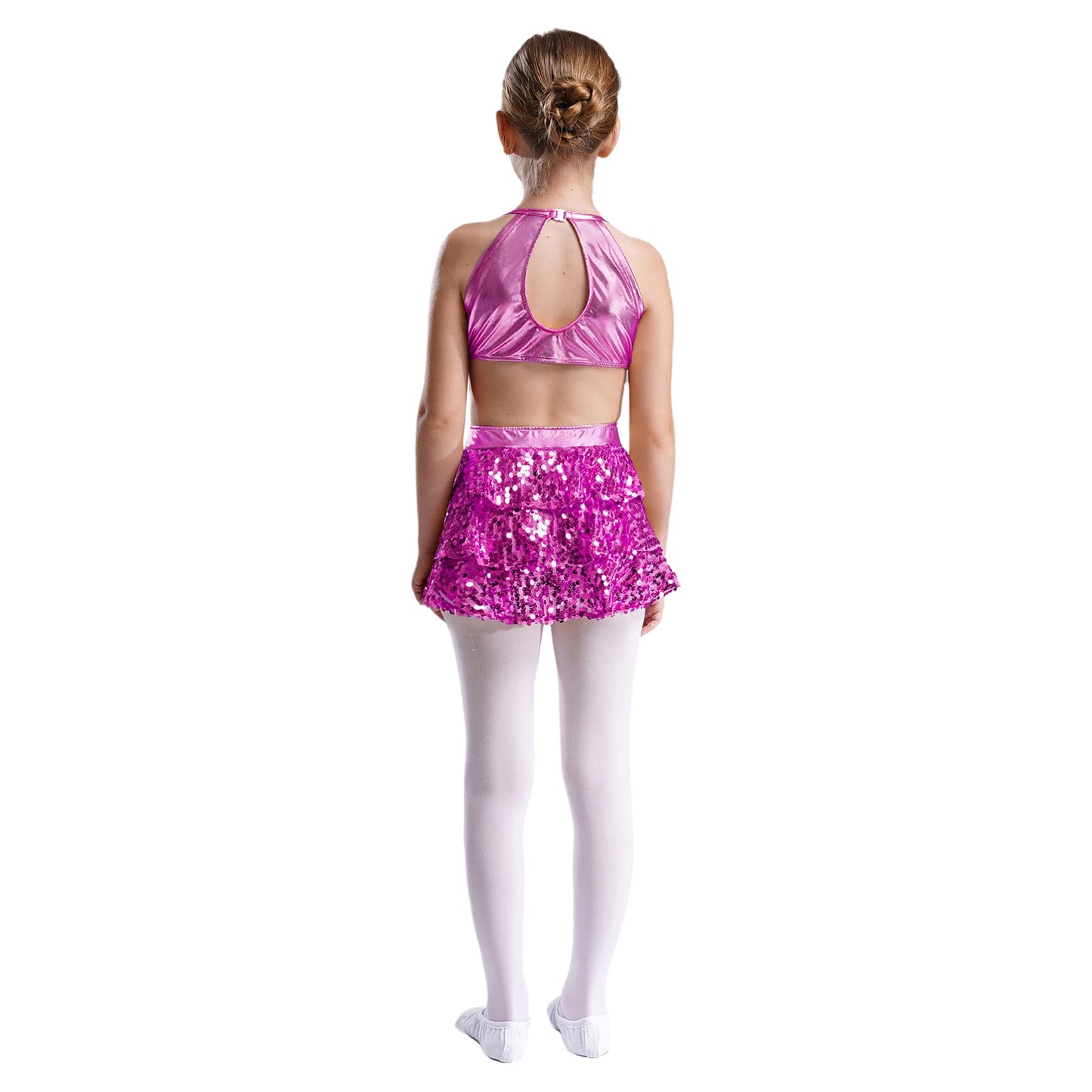 Girls Sequin Dance Sleeveless Cutout Tiered Ruffle Metallic Leotard Dress (Age 6-16 YRS)