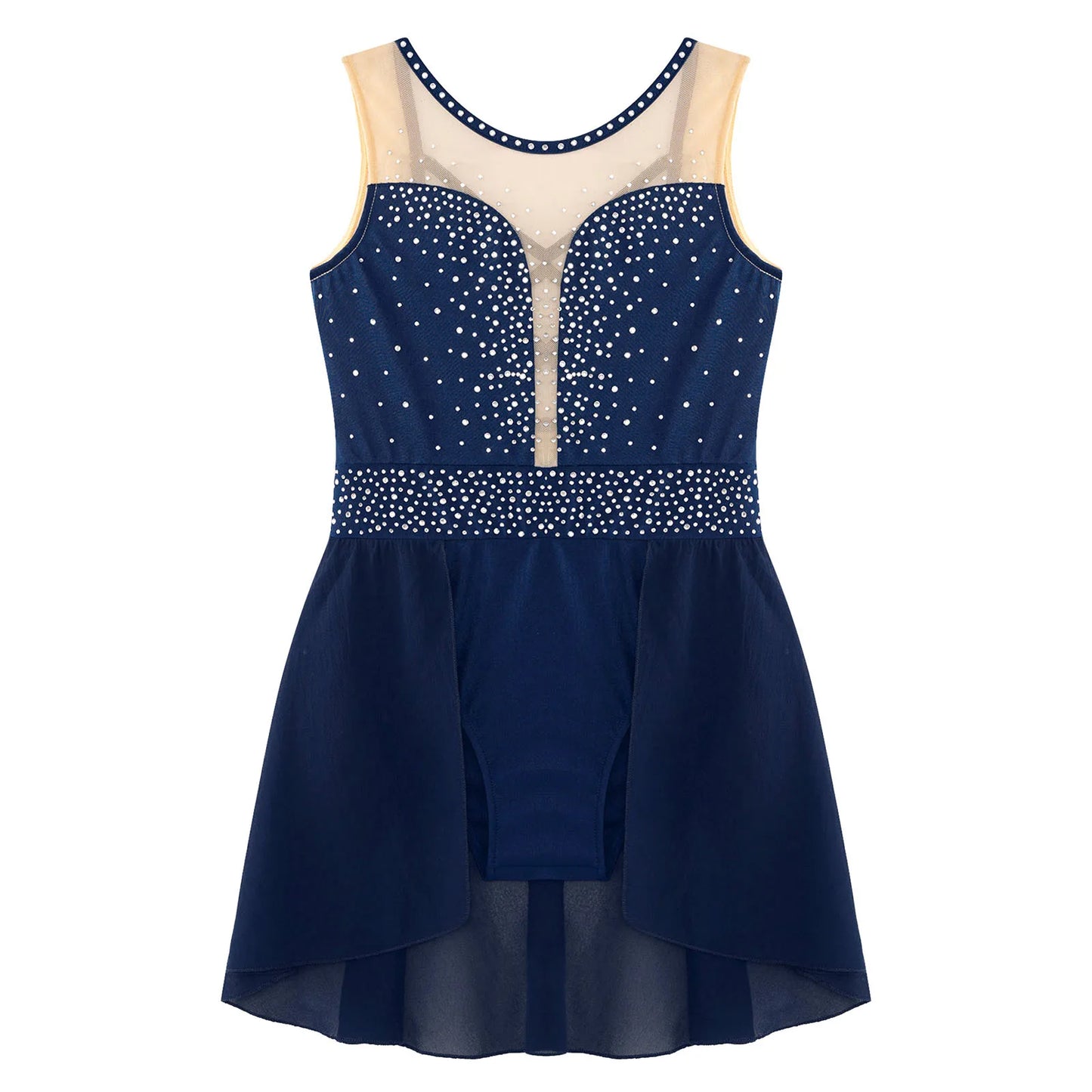 Rhinestone Gymnastics Figure Skating Dress for Teen Girls Sleeveless Sheer Mesh Tutu Ballet Leotard Lyrical Performance Costume