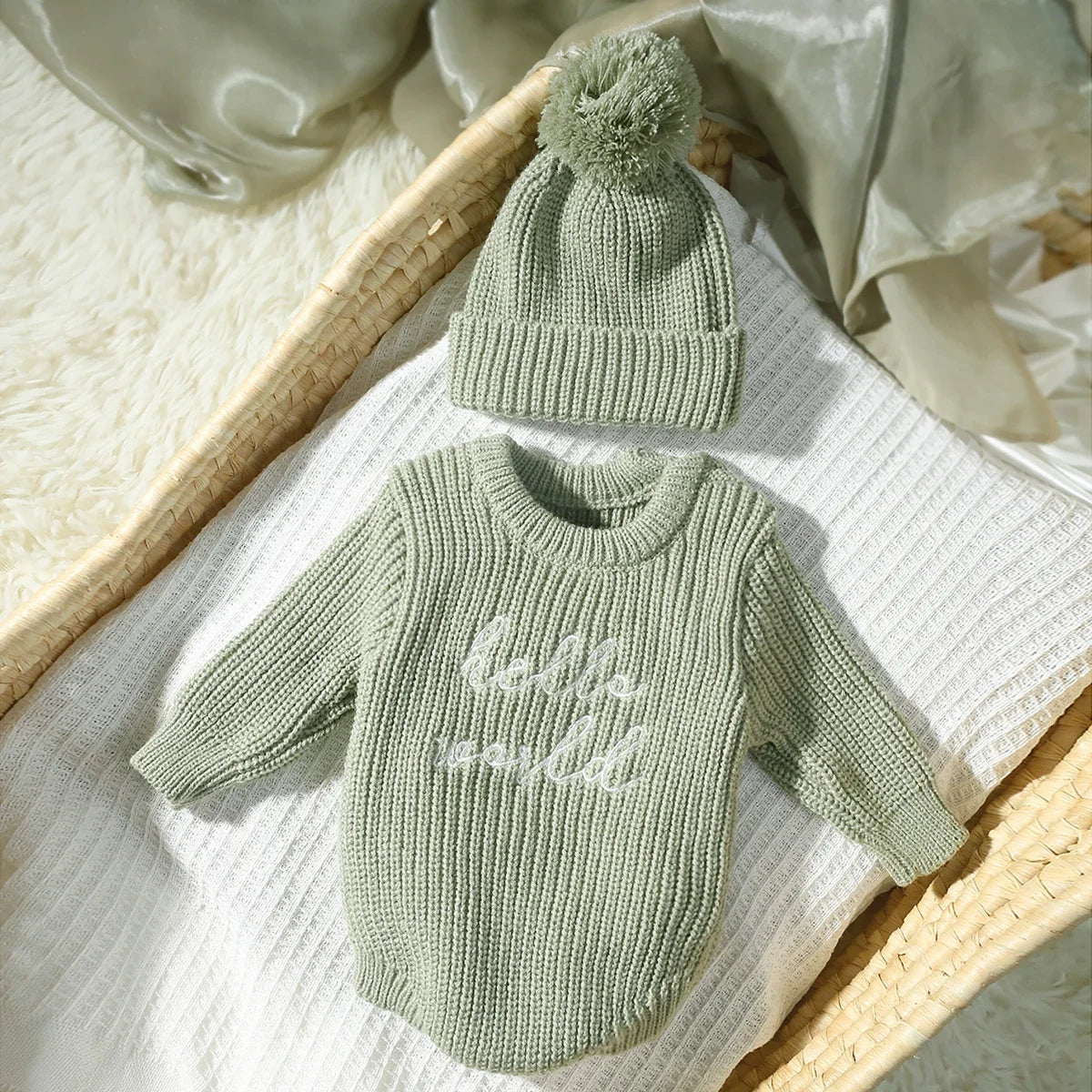 Baby Hello World Knitted Romper With Matching Hat (Age Newborn - 1 Month) Green 0-1Month
