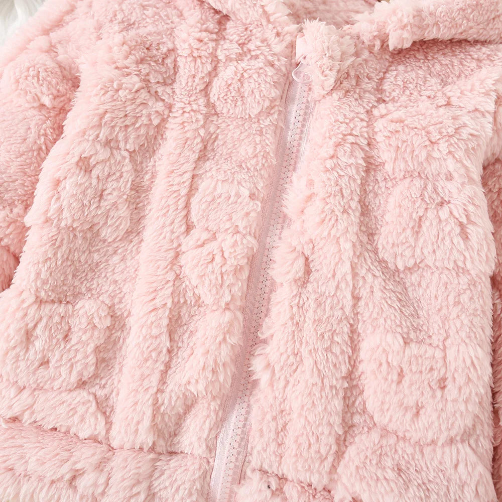Baby Girl Pink Fleece Heart Pattern Hooded Jacket (Age 6M-3 YRS)