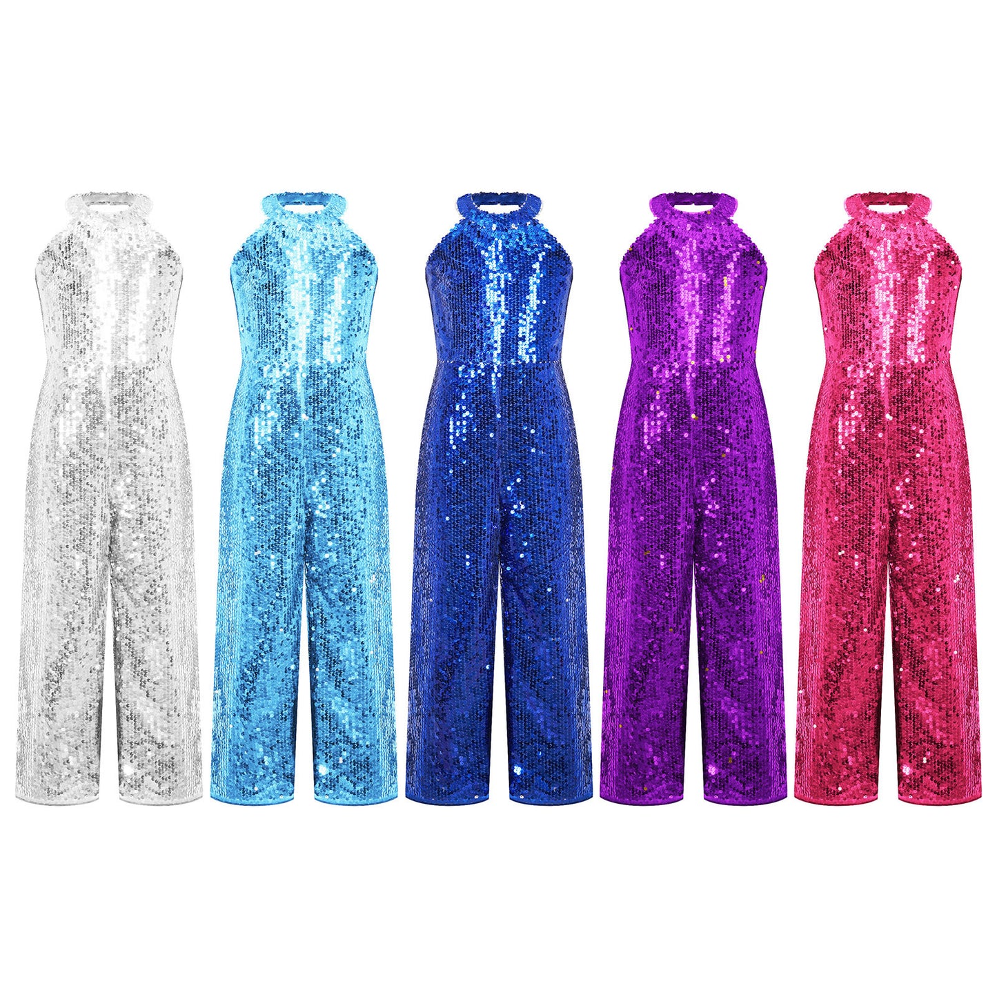 Girls Dance Sequin Sleeveless Halter Jumpsuit (Age 6-14YRS)