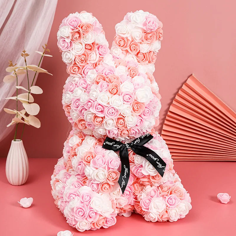 Rose Flower Bouquet Rabbit Bunny Gift - 25cm White Pink 2