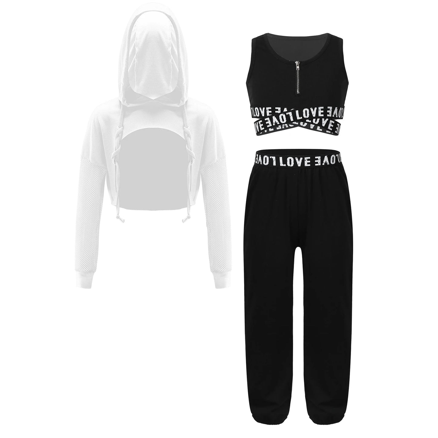 Girls Hip Hop Long Sleeve Drawstring Hooded Tops with Crop Top Pants Tracksuit (Age 6-14YRS)