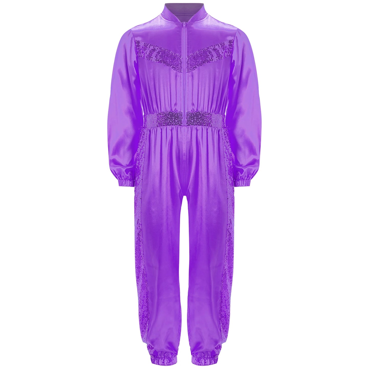 Girls Sequin Satin m Long Sleeve Zipper Jumpsuit (Age 6-16 YRS)