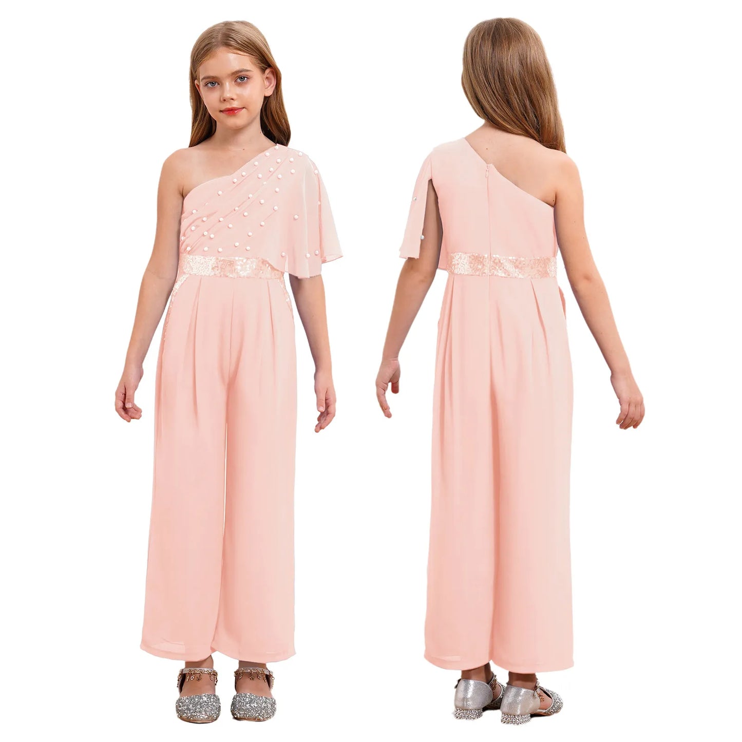 Girls One Shoulder PearlSequin Ruffled Wide Leg Jumpsuit (Age 6-14YRS) Pink