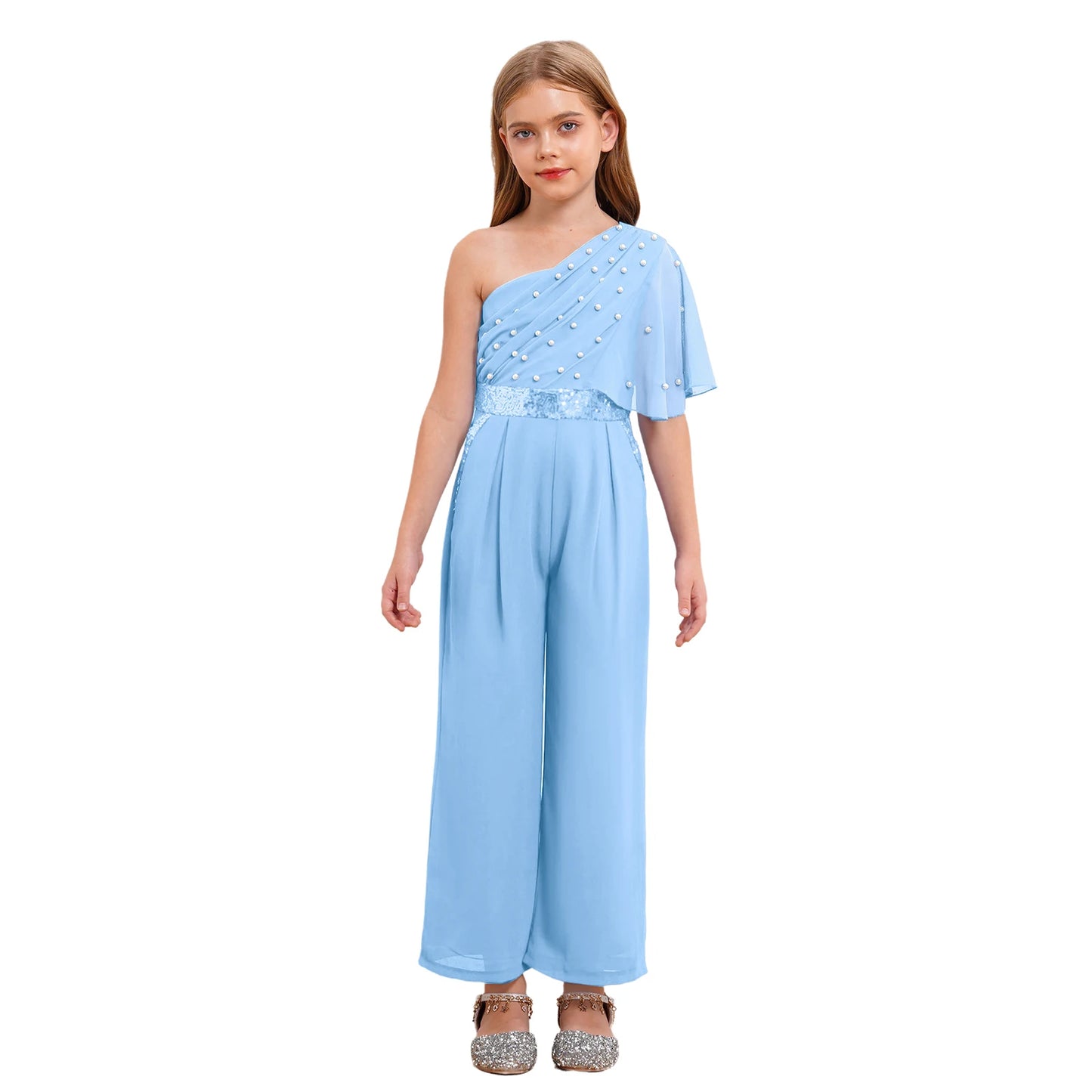 Girls One Shoulder PearlSequin Ruffled Wide Leg Jumpsuit (Age 6-14YRS)