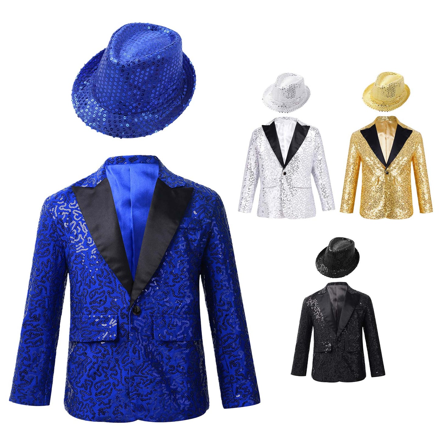 Boys Sequin Dance Tuxedo Jacket Suit & Fedora Hat (Age 6-16 YRS)