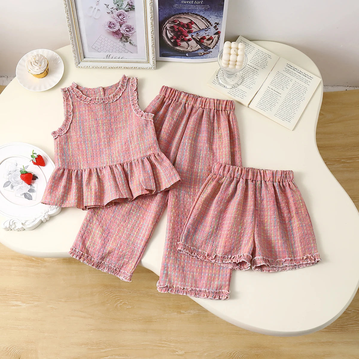 Girls Plaid Print Sleeveless Top & Wide Leg Pants & Shorts Set (Age 3-7 YRS) Pink