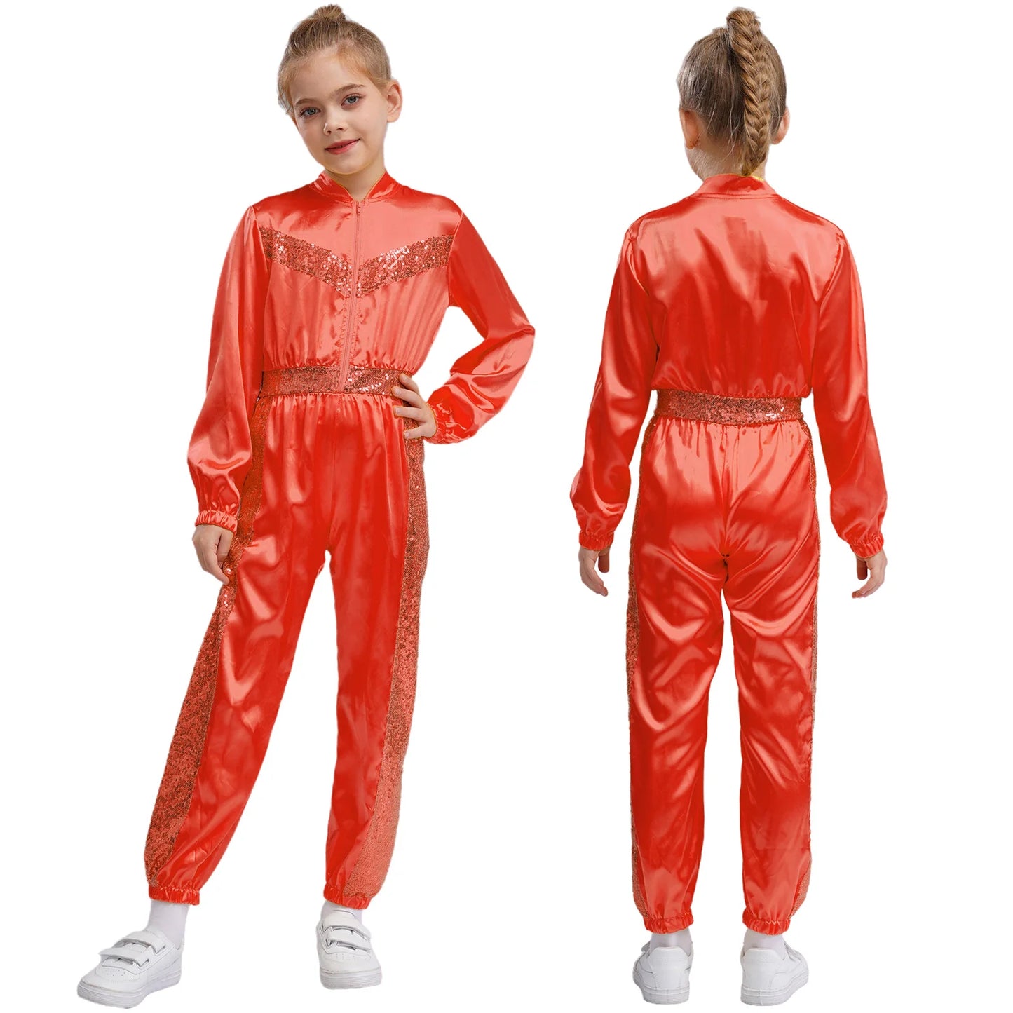 Girls Sequin Satin m Long Sleeve Zipper Jumpsuit (Age 6-16 YRS) Red