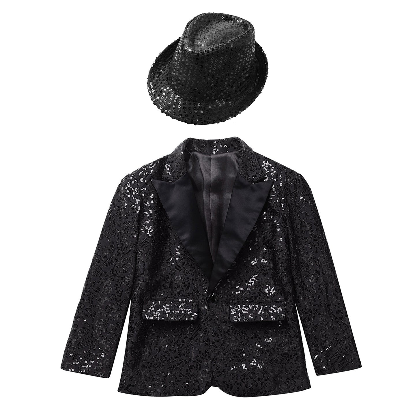 Boys Sequin Dance Tuxedo Jacket Suit & Fedora Hat (Age 6-16 YRS)