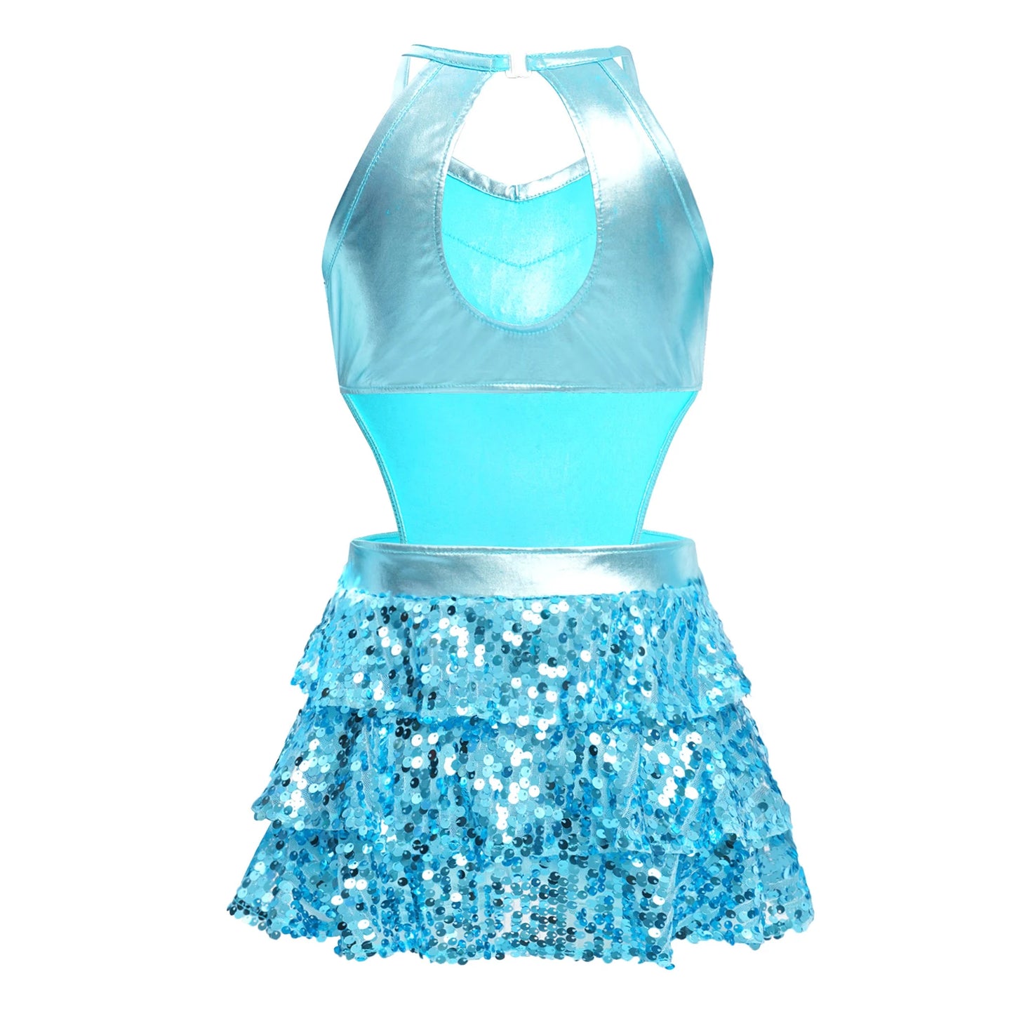 Girls Sequin Dance Sleeveless Cutout Tiered Ruffle Metallic Leotard Dress (Age 6-16 YRS)
