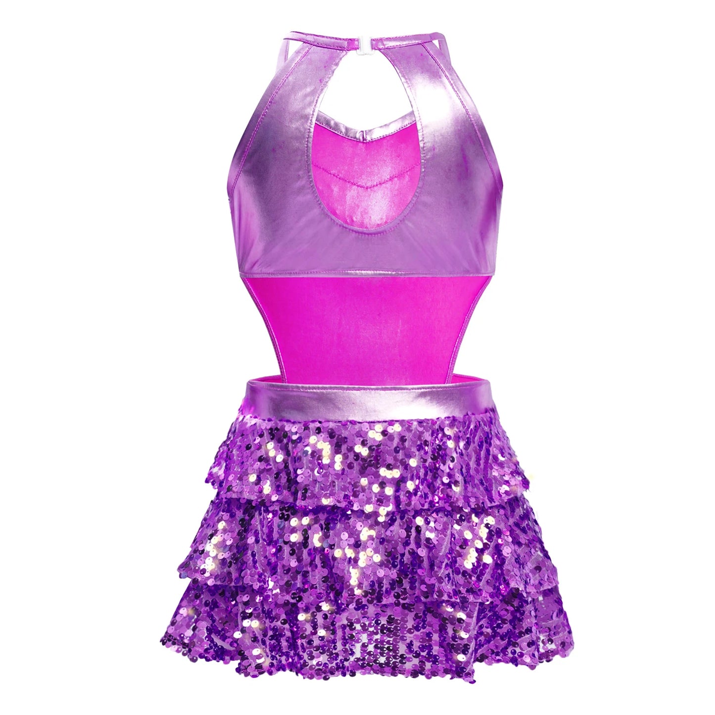 Girls Sequin Dance Sleeveless Cutout Tiered Ruffle Metallic Leotard Dress (Age 6-16 YRS)