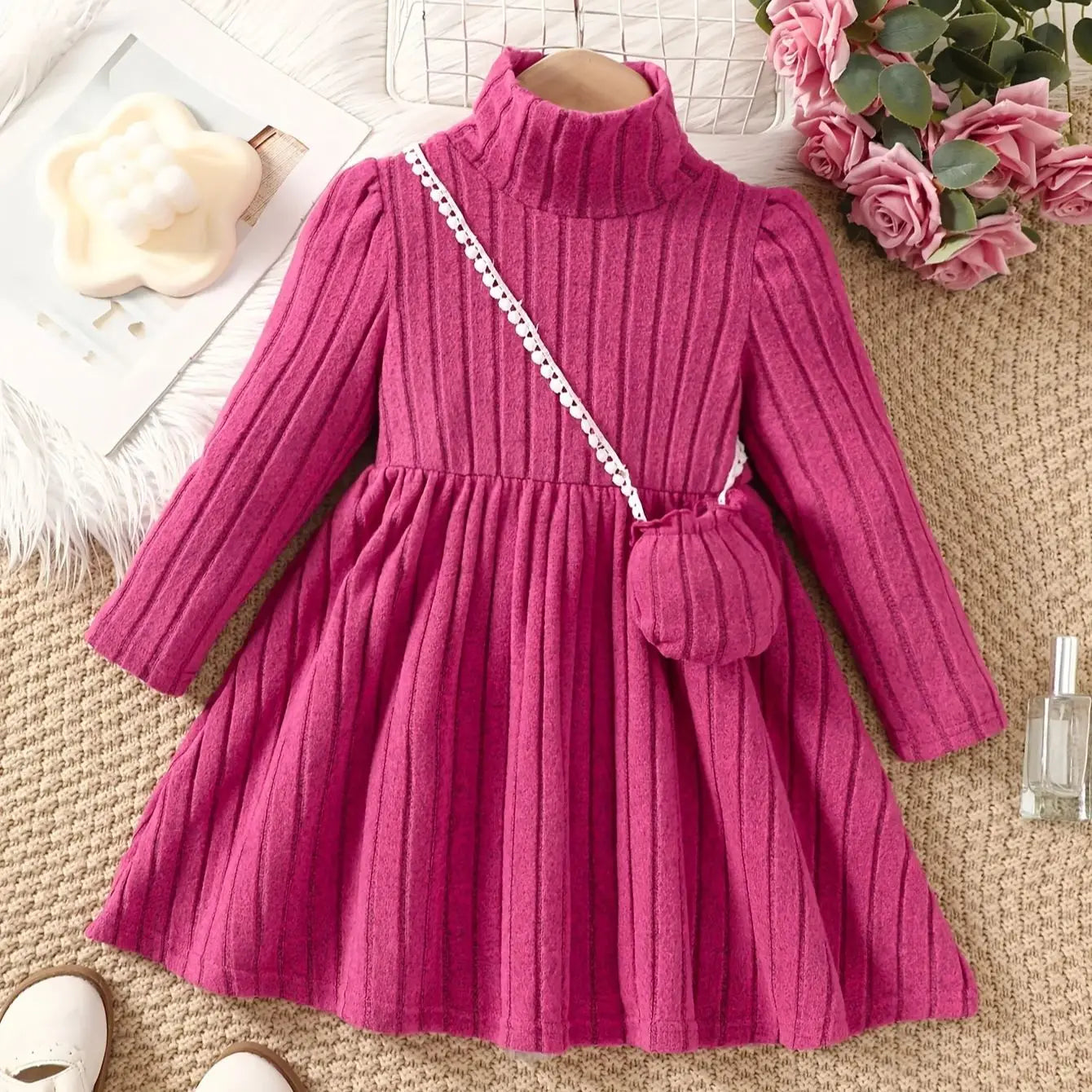 Girls Long Sleeve Pleated Dress & Handbag (Age 4-7 YRS) Pink