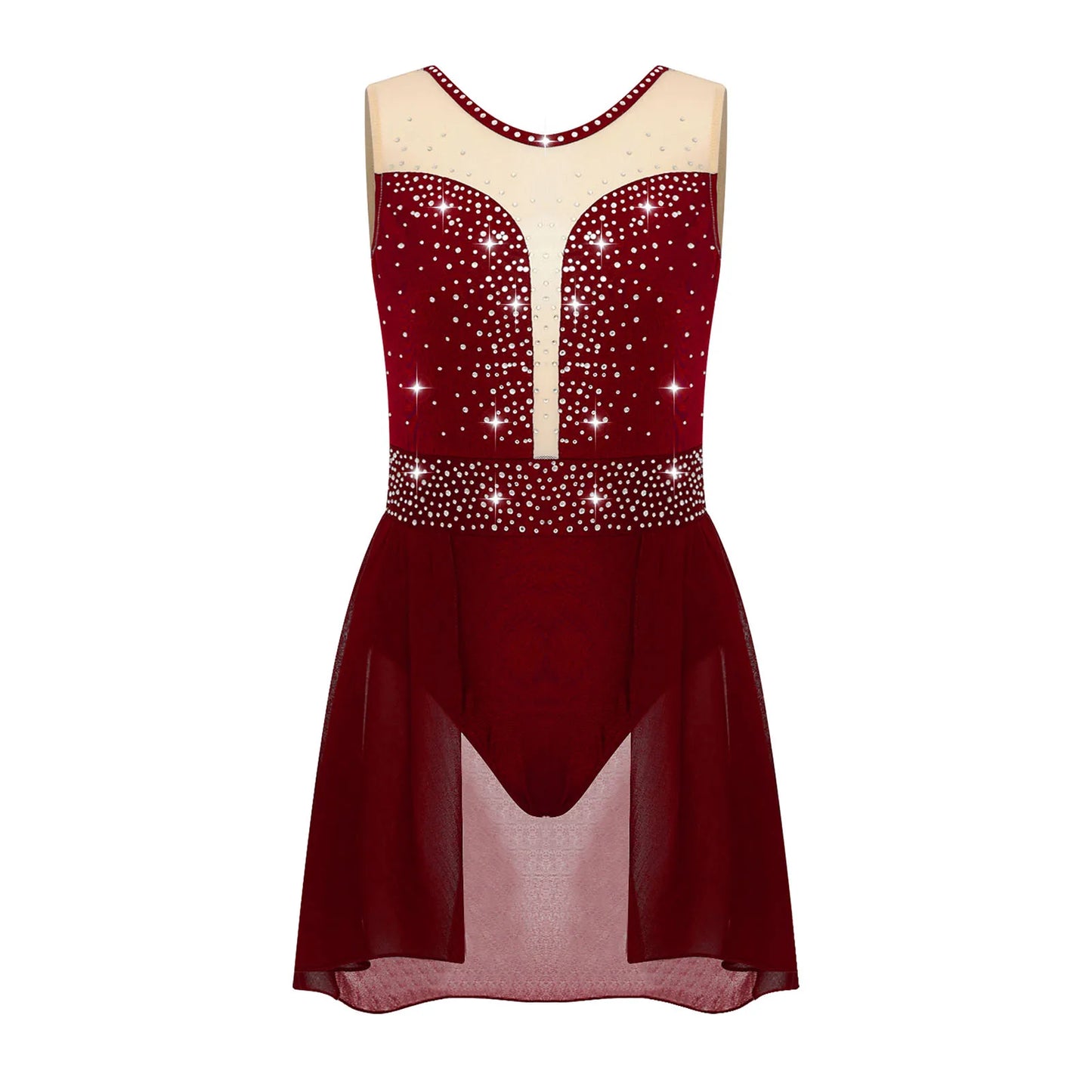 Rhinestone Gymnastics Figure Skating Dress for Teen Girls Sleeveless Sheer Mesh Tutu Ballet Leotard Lyrical Performance Costume