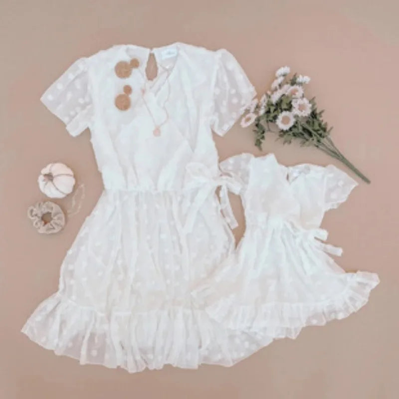Mother & Daughter Matching Short Sleeves V-neck Polka Dot Dress (Mommy & Me)