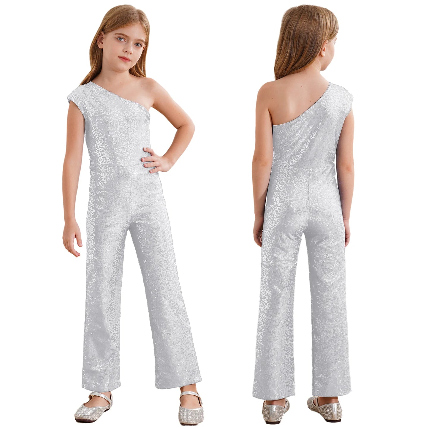 Girls Sequin One Shoulder Jumpsuit (Age 6-16YRS) Silver