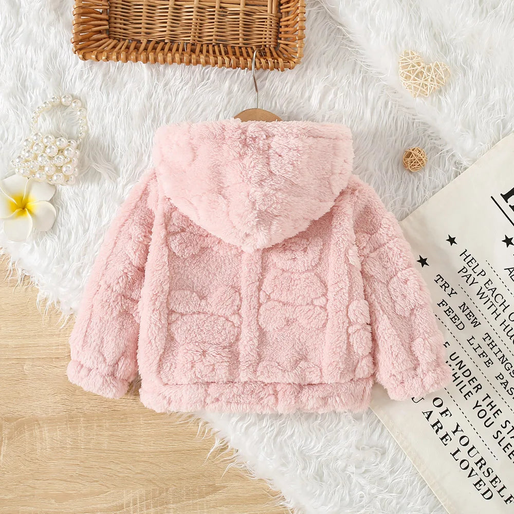Baby Girl Pink Fleece Heart Pattern Hooded Jacket (Age 6M-3 YRS)