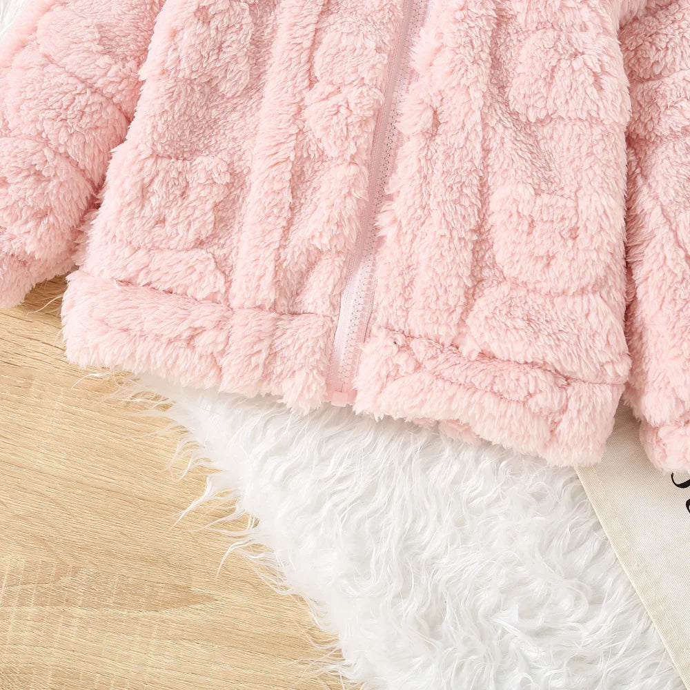 Baby Girl Pink Fleece Heart Pattern Hooded Jacket (Age 6M-3 YRS)