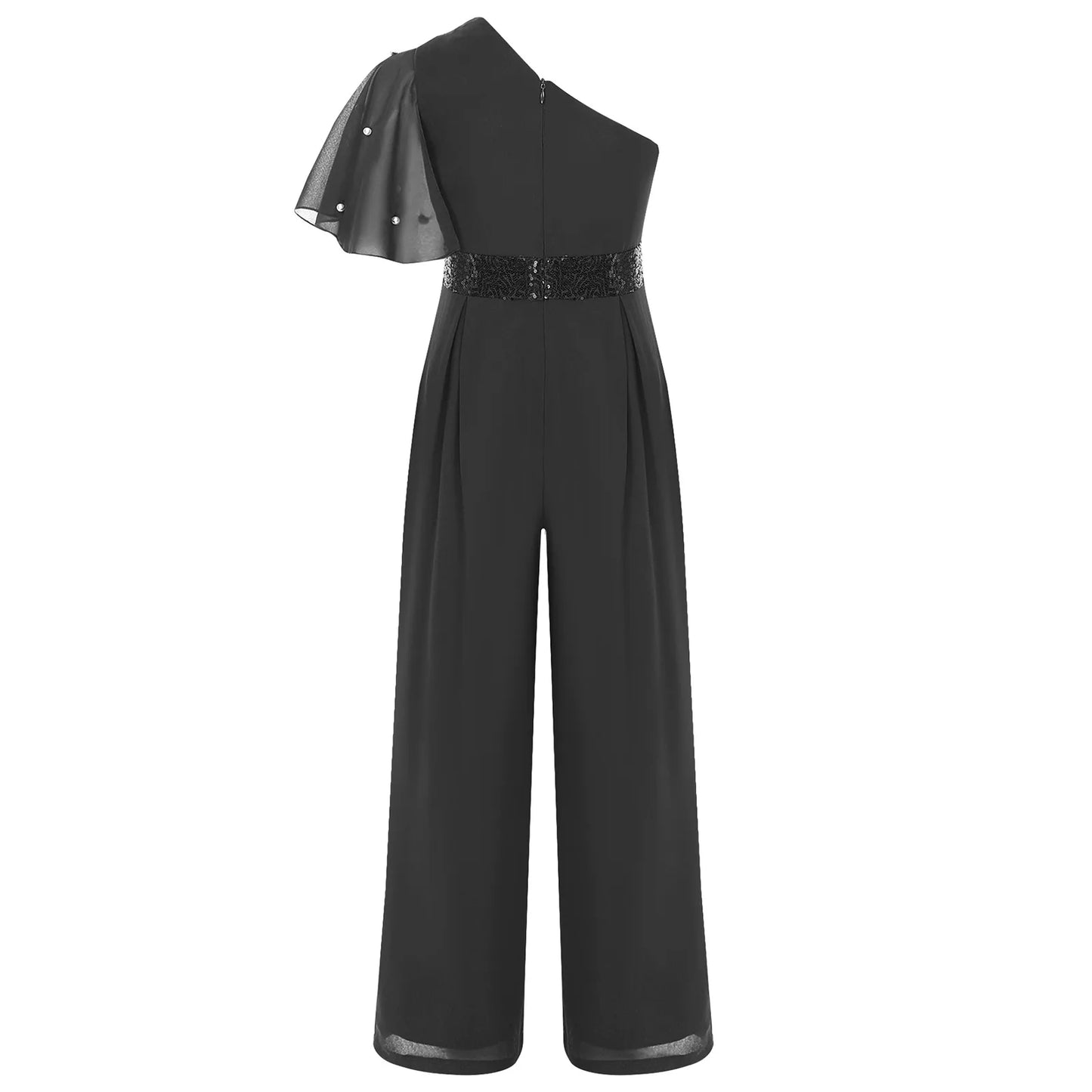 Girls One Shoulder PearlSequin Ruffled Wide Leg Jumpsuit (Age 6-14YRS)