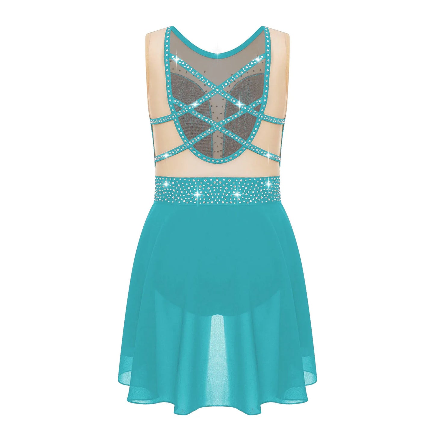 Rhinestone Gymnastics Figure Skating Dress for Teen Girls Sleeveless Sheer Mesh Tutu Ballet Leotard Lyrical Performance Costume