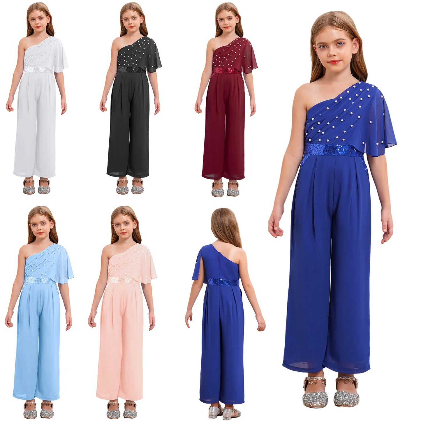 Girls One Shoulder PearlSequin Ruffled Wide Leg Jumpsuit (Age 6-14YRS)