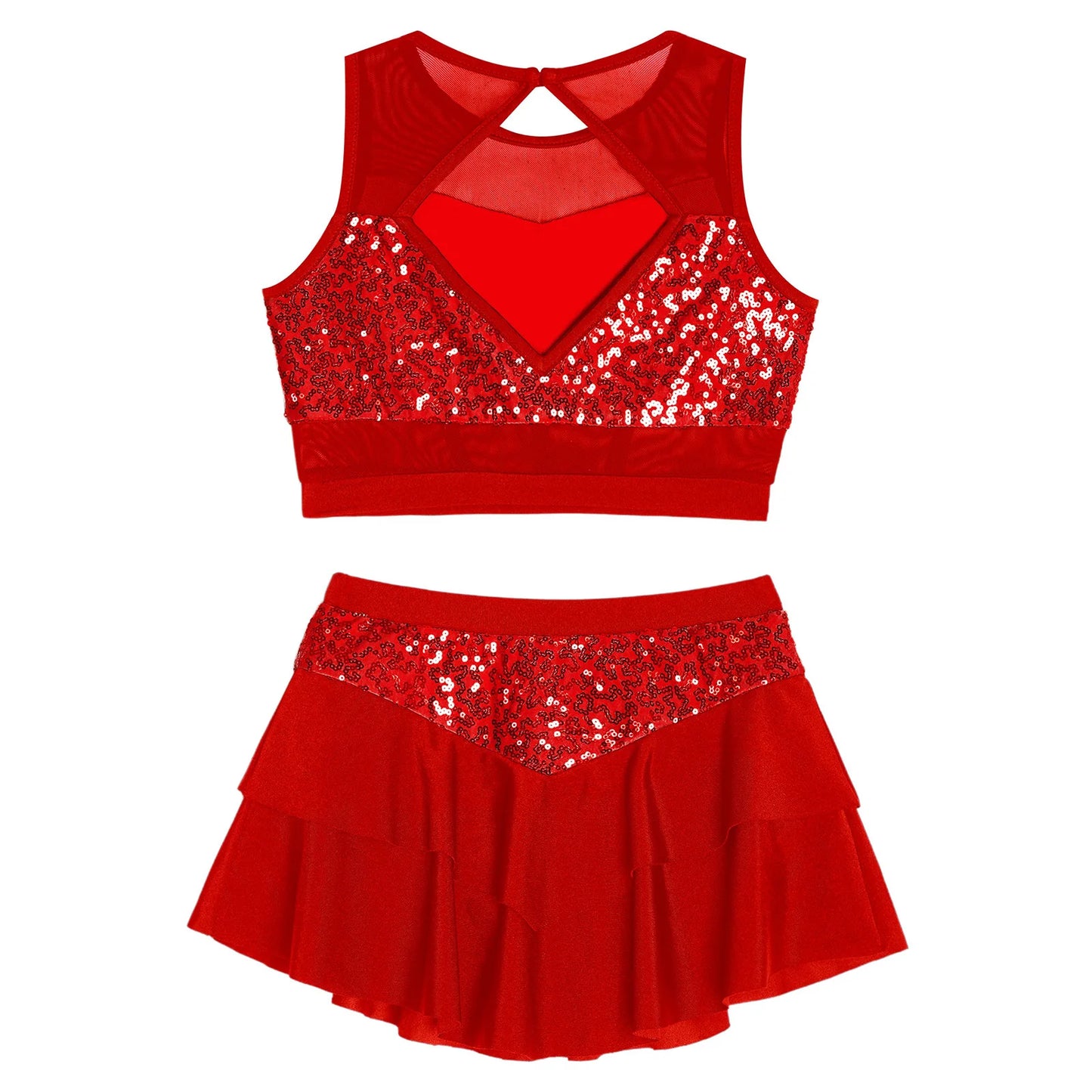 Girls Sequin Sheer Mesh Crop Top & Tiered Skirt Set (Age 6-16YRS)