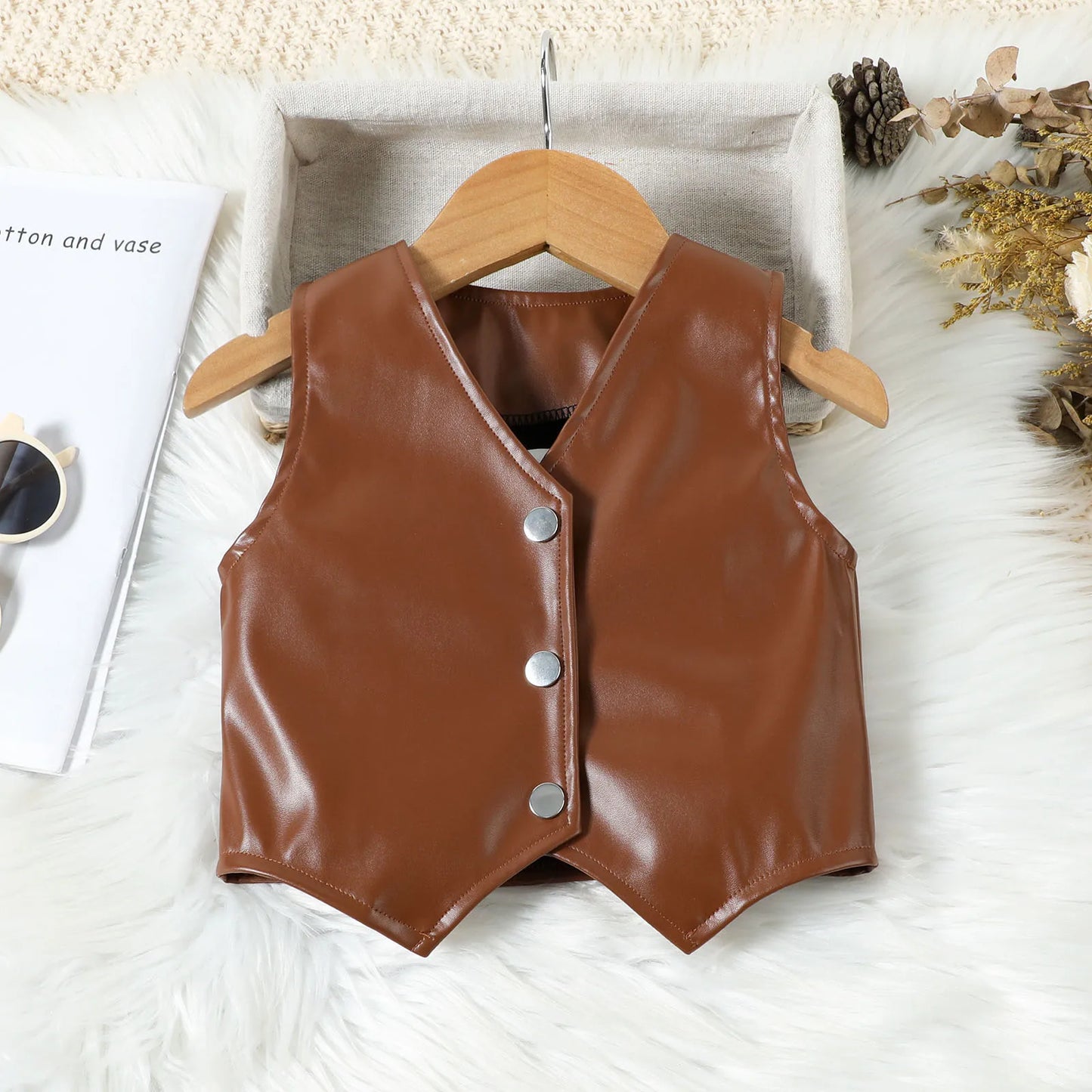 Toddler Girls Faux Leather Sleeveless Vest Top & Pleated Skirt Set (24M-6YRS)