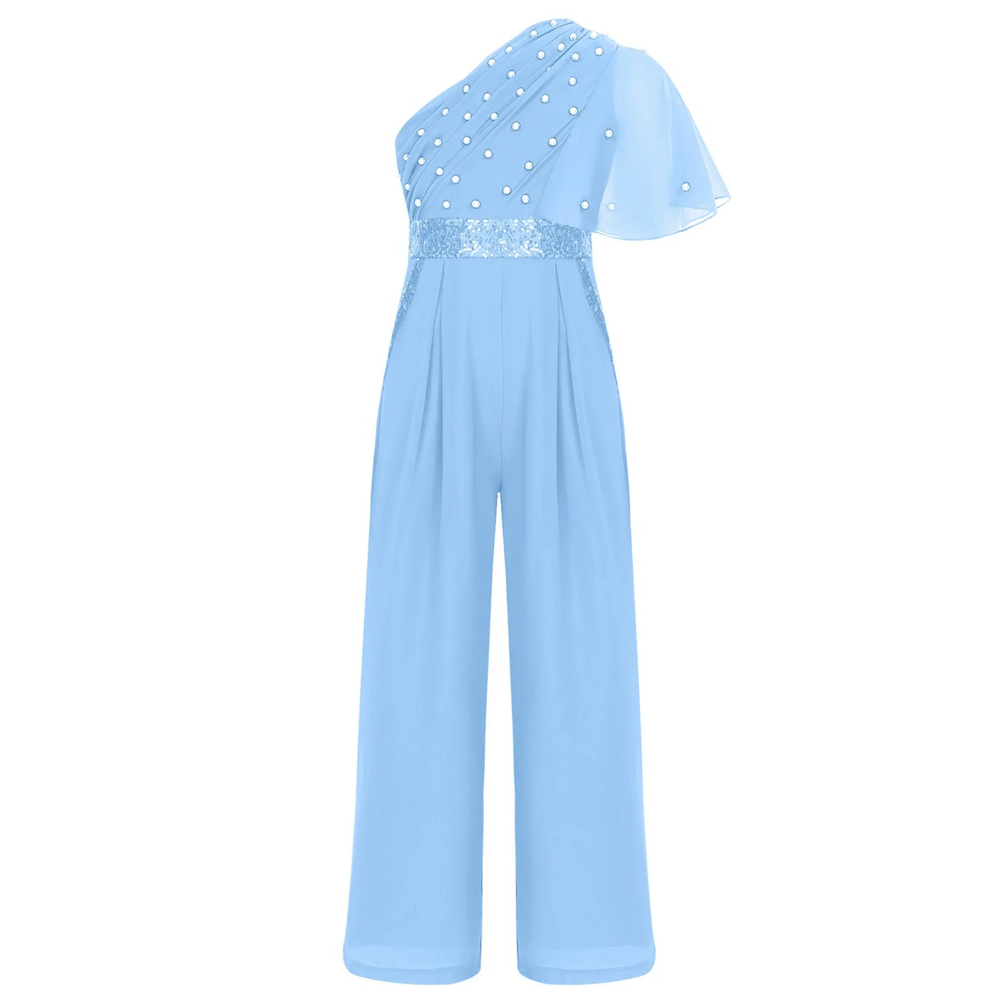 Girls One Shoulder PearlSequin Ruffled Wide Leg Jumpsuit (Age 6-14YRS)
